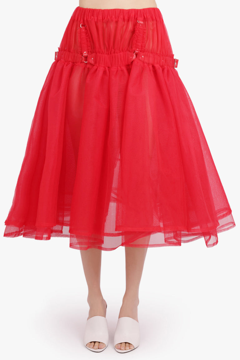 NOIR KEI NINOMIYA RTW Layered Tulle Garter Belted Midi Skirt | Red