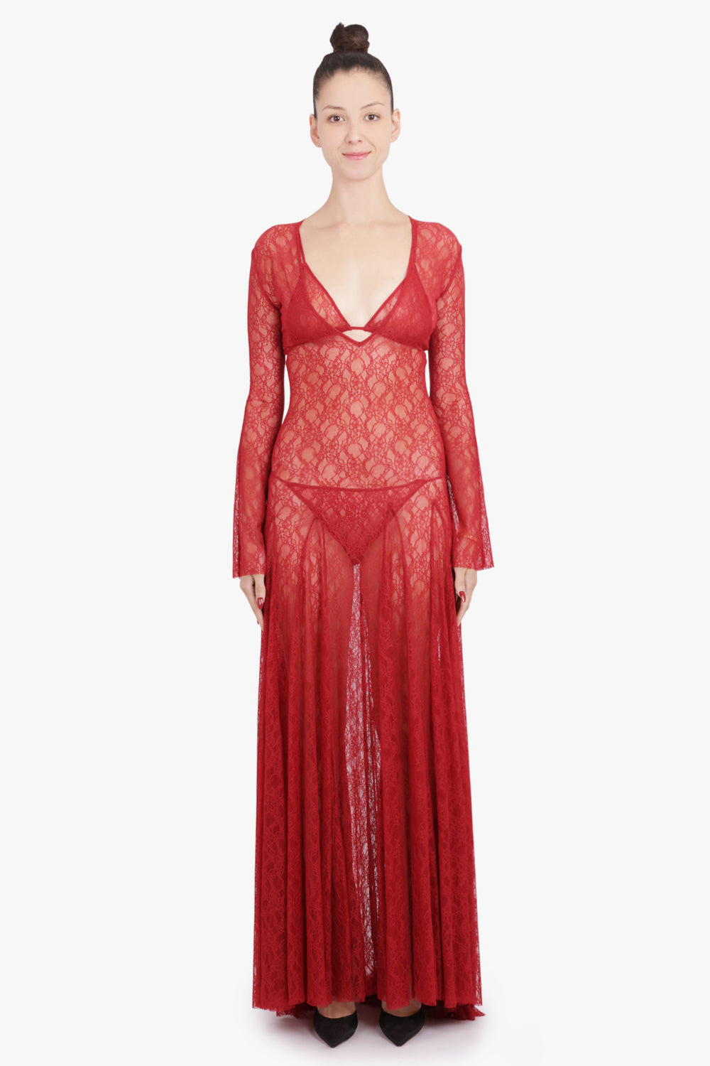 COMMON HOURS RTW Cold Type Sheer L/S Lace Maxi Dress With Underwear | Jam Red
