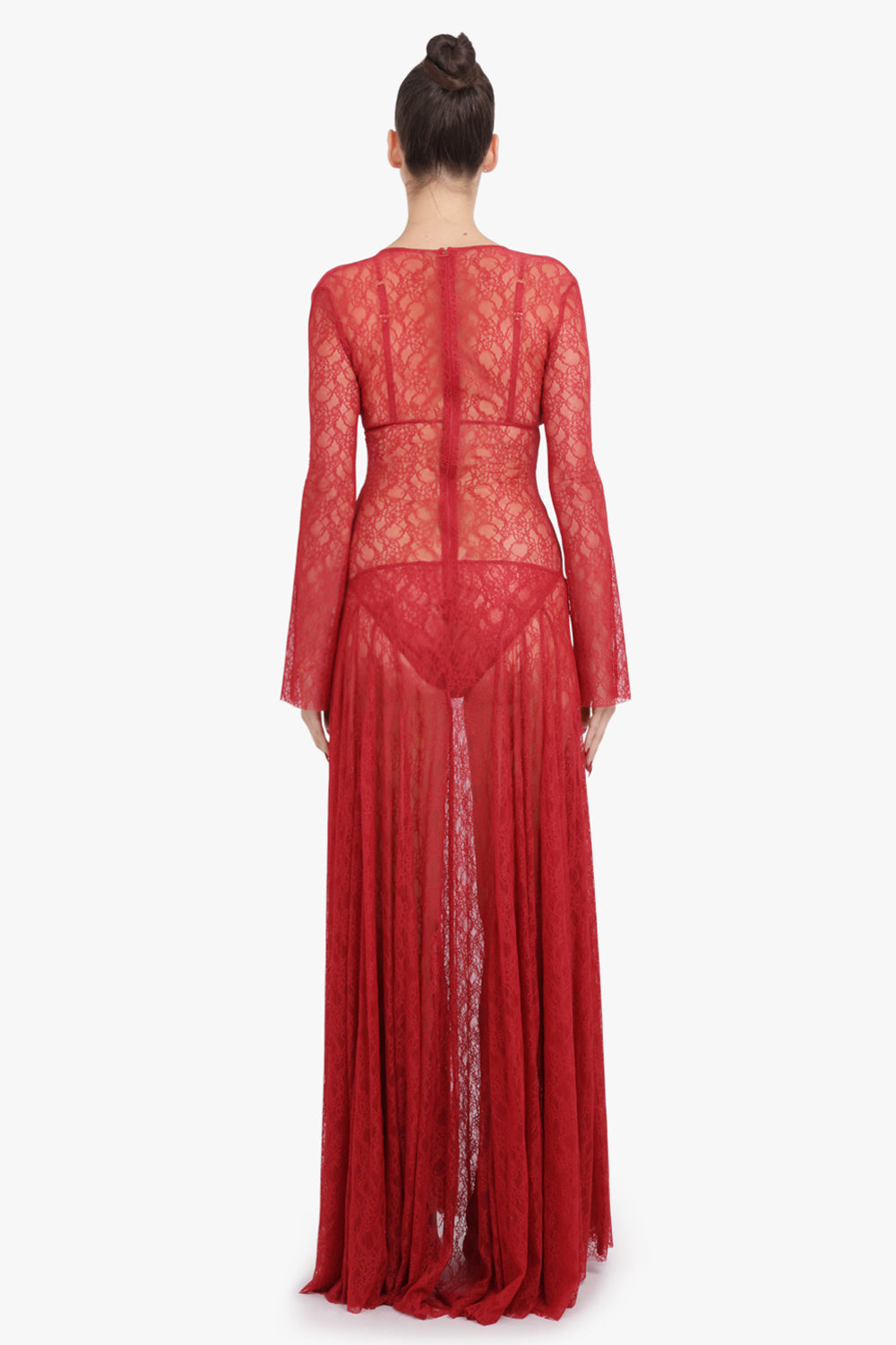 COMMON HOURS RTW Cold Type Sheer L/S Lace Maxi Dress With Underwear | Jam Red