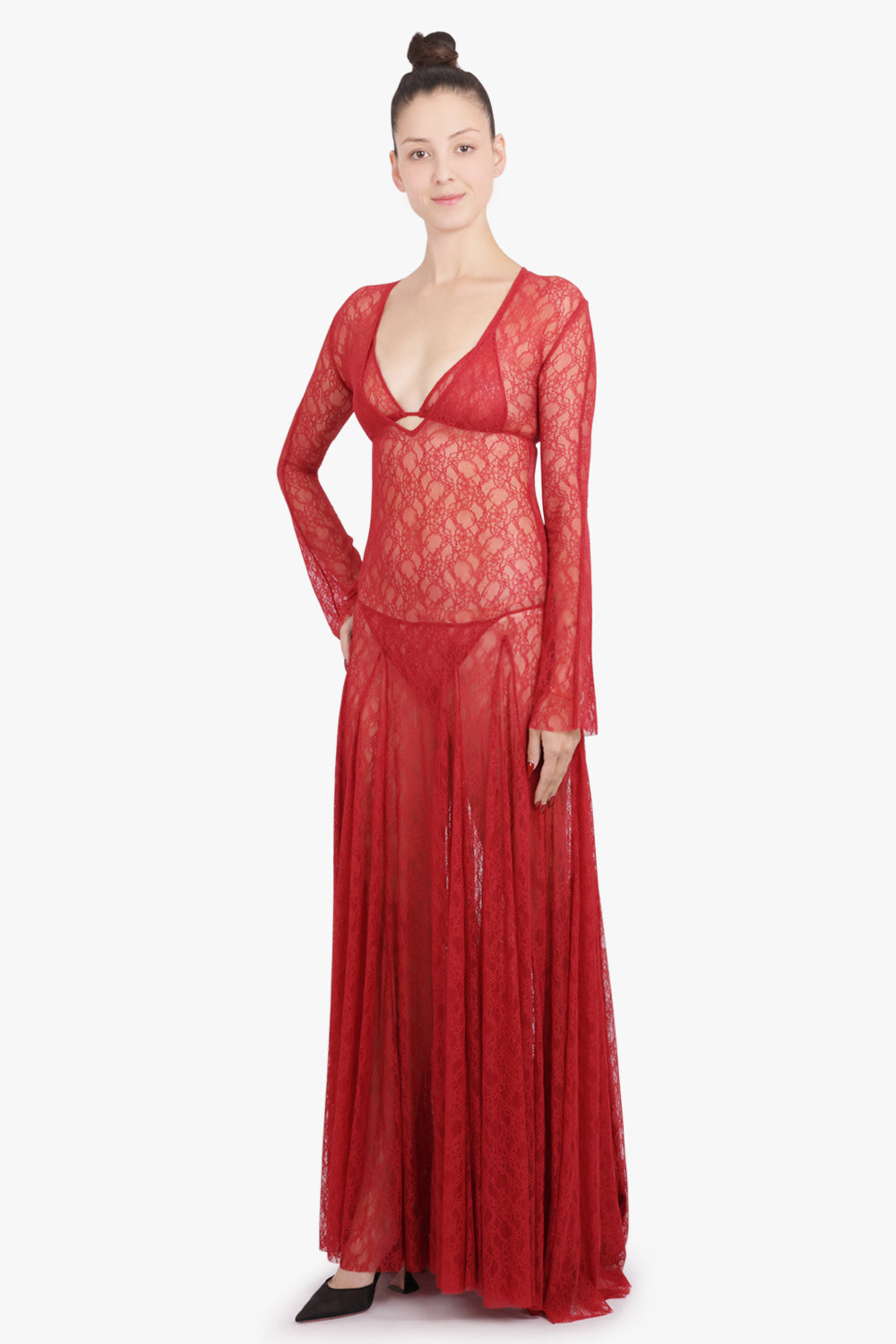 COMMON HOURS RTW Cold Type Sheer L/S Lace Maxi Dress With Underwear | Jam Red