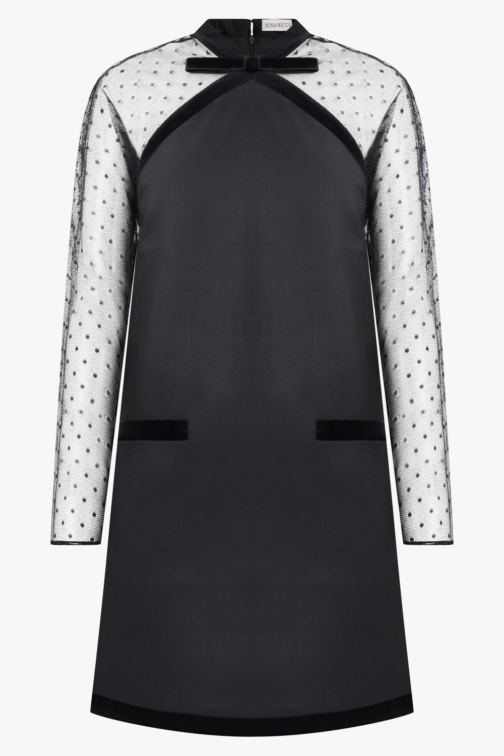 NINA RICCI RTW Dot Sheer L/S Pinafore Mini Dress With Velvet Bow Detail | Black