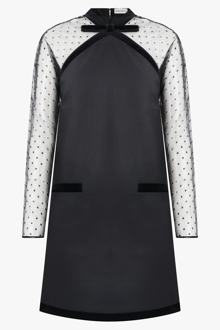 NINA RICCI RTW Dot Sheer L/S Pinafore Mini Dress With Velvet Bow Detail | Black