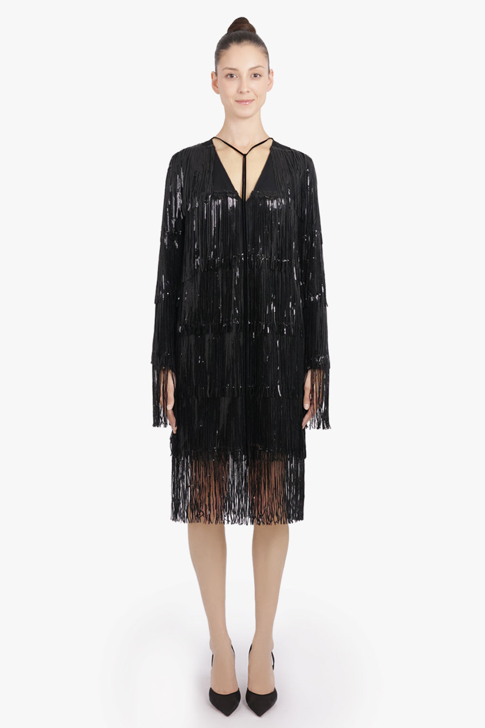 NINA RICCI RTW V Neckline Bow L/S Fringed Sequin Mini Dress | Black