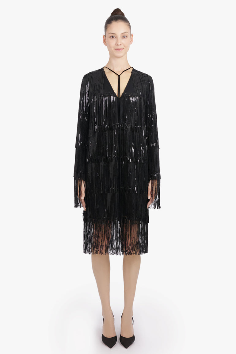 NINA RICCI RTW V Neckline Bow L/S Fringed Sequin Mini Dress | Black