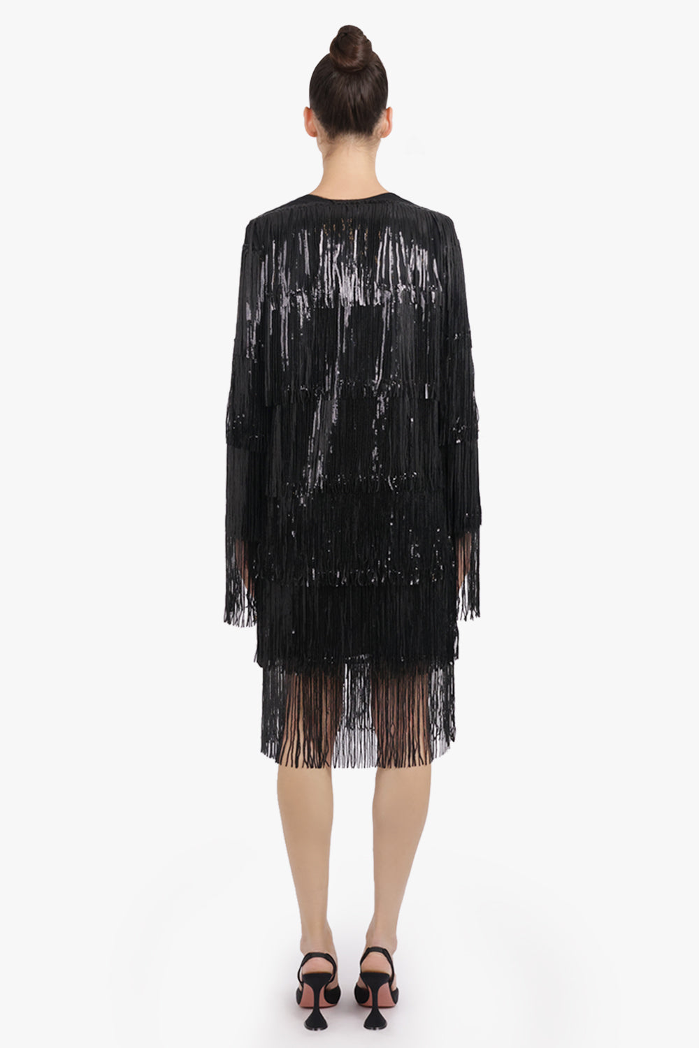 NINA RICCI RTW V Neckline Bow L/S Fringed Sequin Mini Dress | Black