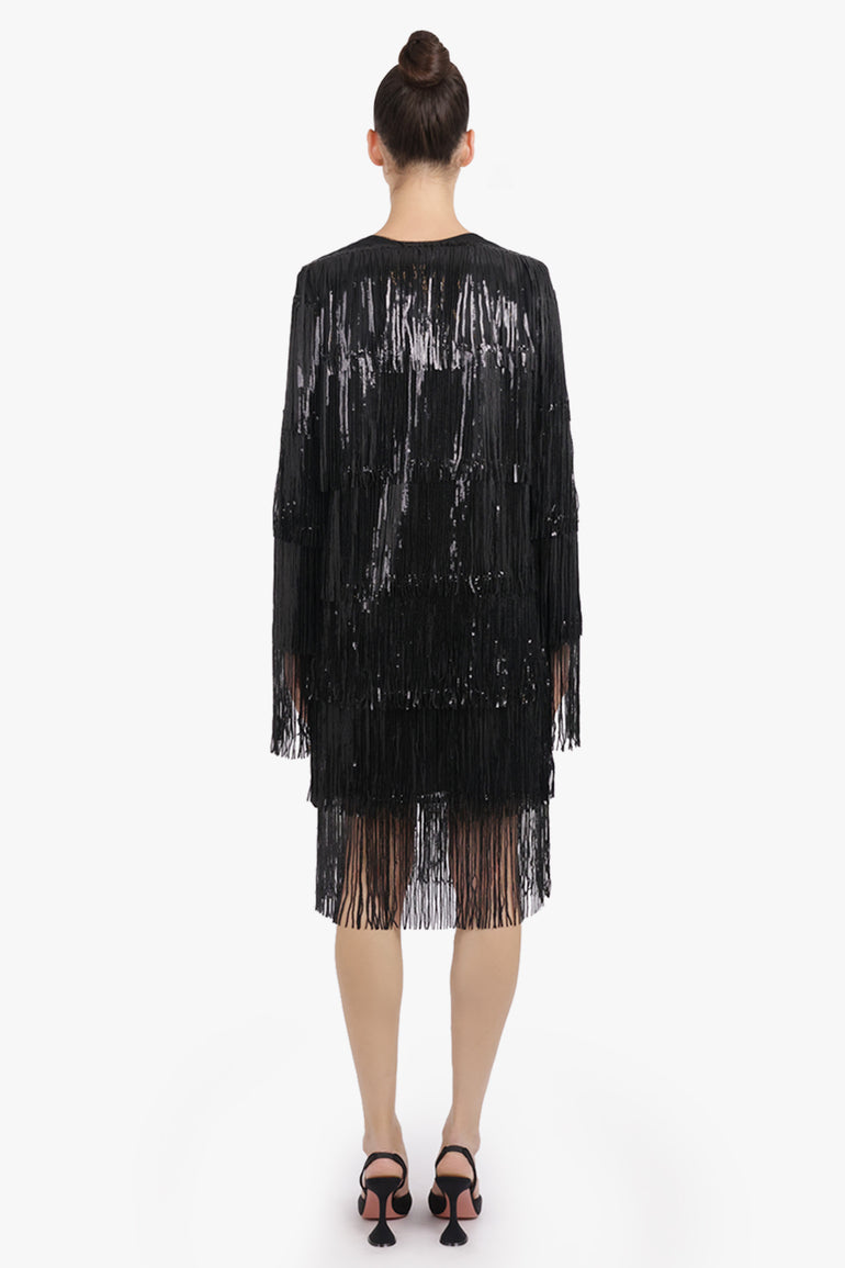 NINA RICCI RTW V Neckline Bow L/S Fringed Sequin Mini Dress | Black