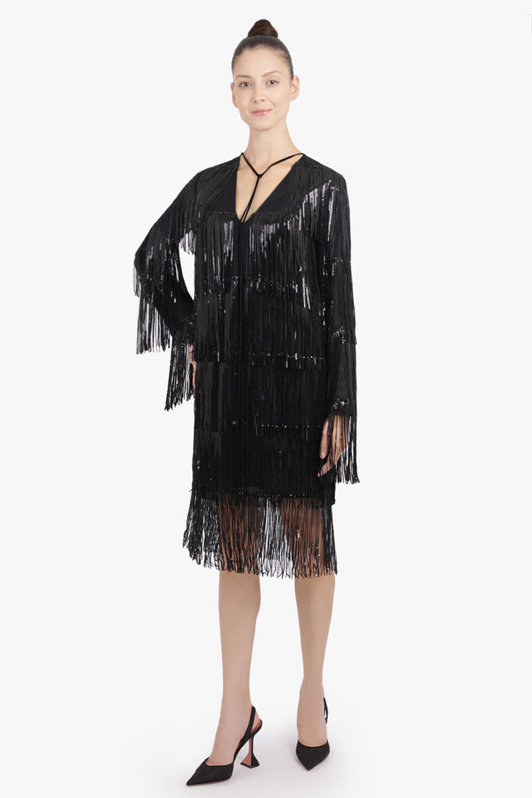 NINA RICCI RTW V Neckline Bow L/S Fringed Sequin Mini Dress | Black