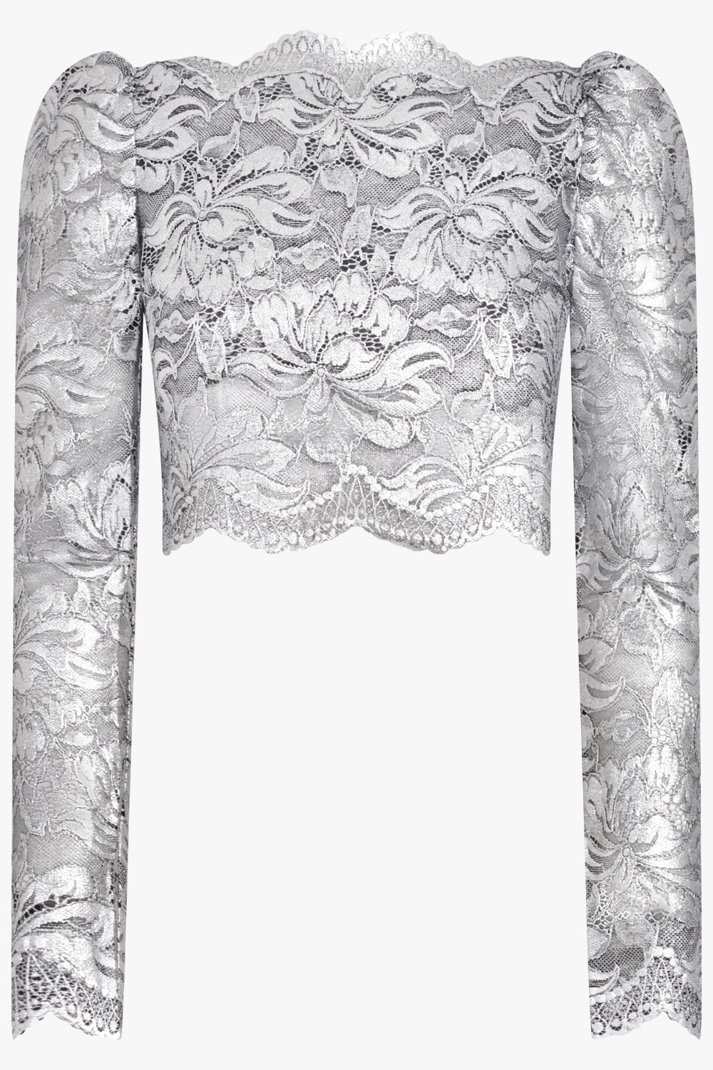 RABANNE RTW Metallic Cropped Lace L/S Top | Silver