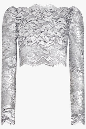 RABANNE RTW Metallic Cropped Lace L/S Top | Silver