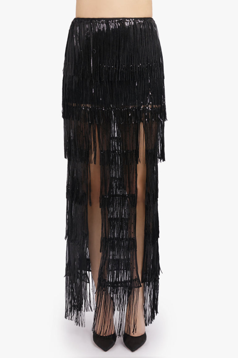 NINA RICCI RTW Fringed Sequin Maxi Straight Split Skirt | Black