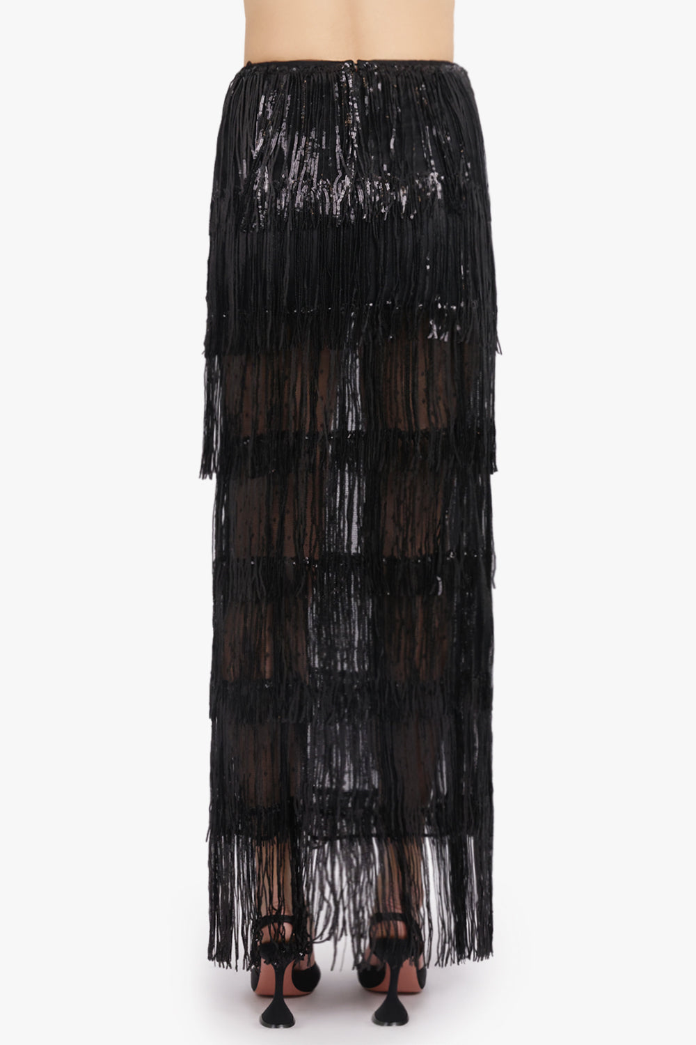 NINA RICCI RTW Fringed Sequin Maxi Straight Split Skirt | Black