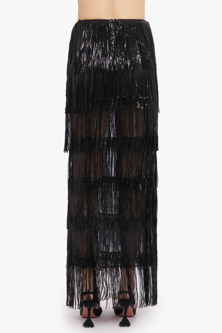 NINA RICCI RTW Fringed Sequin Maxi Straight Split Skirt | Black