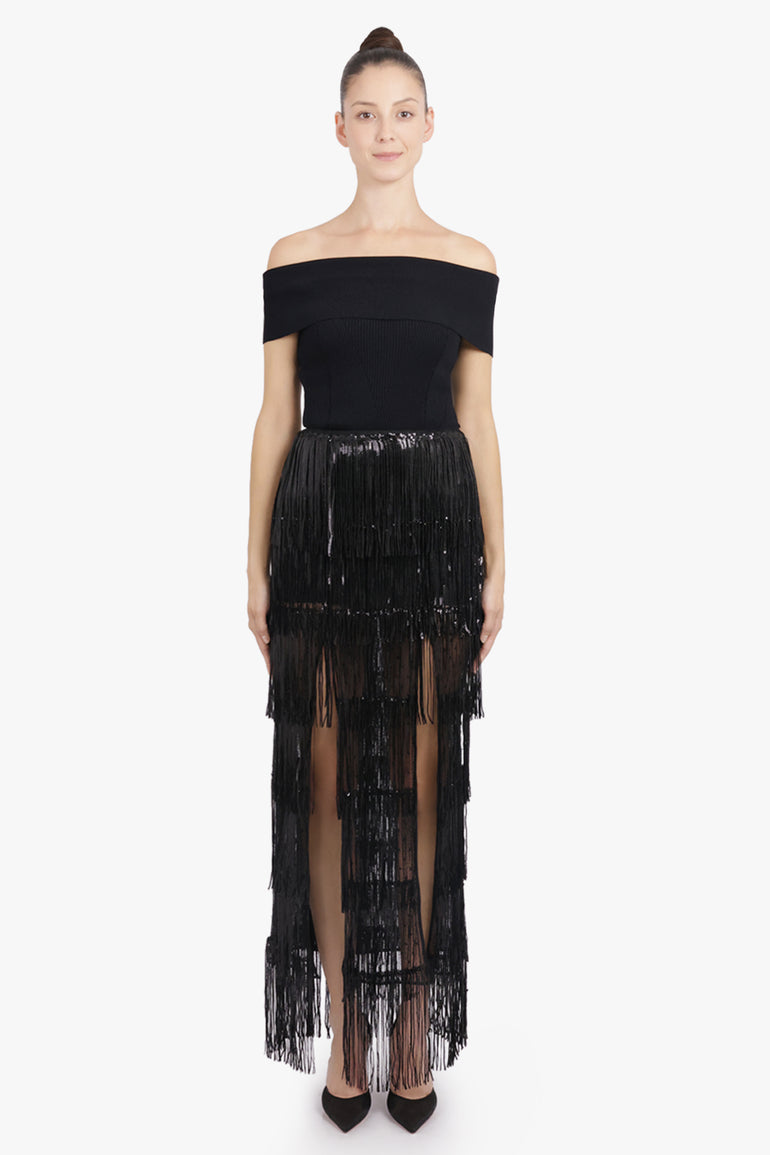 NINA RICCI RTW Fringed Sequin Maxi Straight Split Skirt | Black