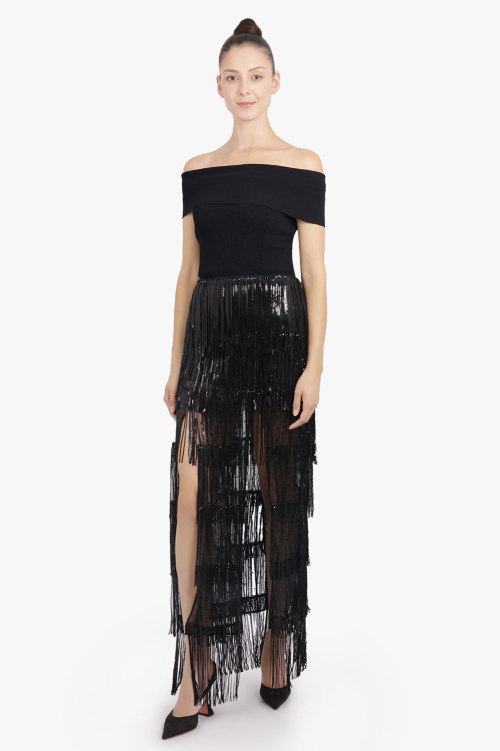 NINA RICCI RTW Fringed Sequin Maxi Straight Split Skirt | Black