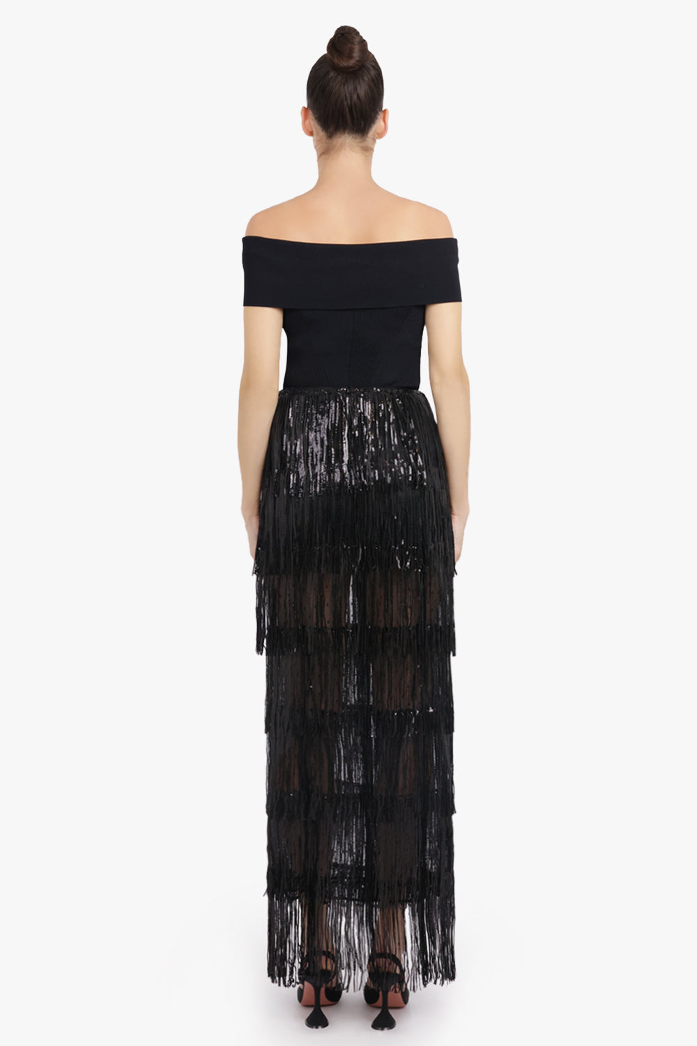 NINA RICCI RTW Fringed Sequin Maxi Straight Split Skirt | Black