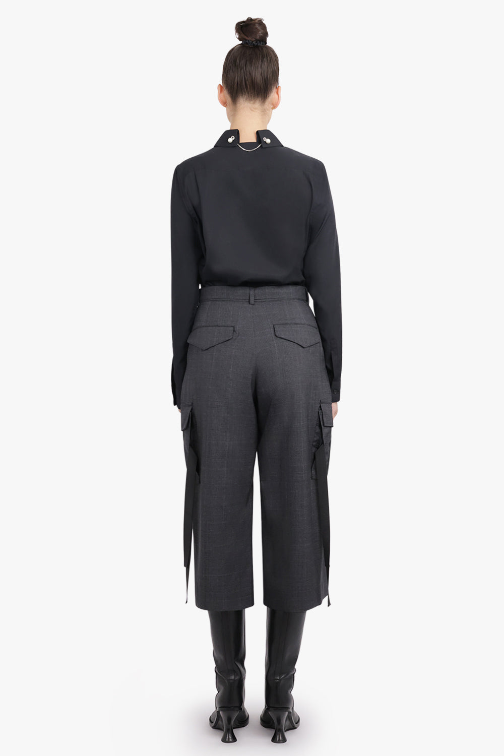 SACAI RTW Glen Check Print Relaxed Tapered Pant With Adjustable Straps | Grey/Black