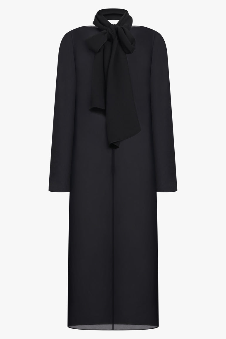 ALAIA RTW Bow L/S Midi Drape Dress with Scarf Collar | Black