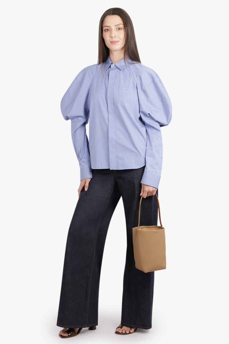 SACAI RTW L/S Stripe Shirt with Balloon Sleeve Detail | Blue