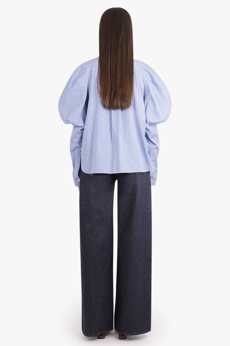 SACAI RTW L/S Stripe Shirt with Balloon Sleeve Detail | Blue