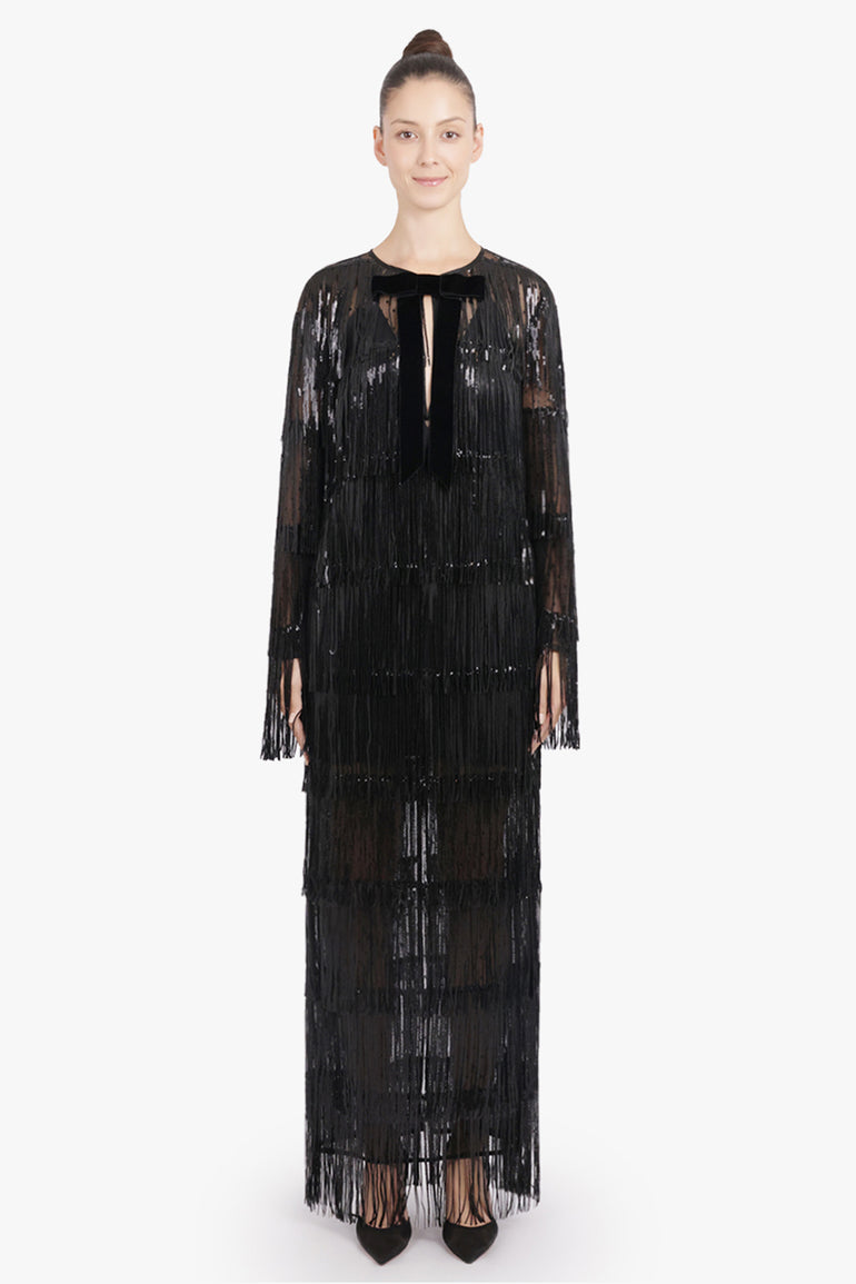 NINA RICCI RTW V Neckline Bow L/S Fringed Sequin Maxi Dress | Black