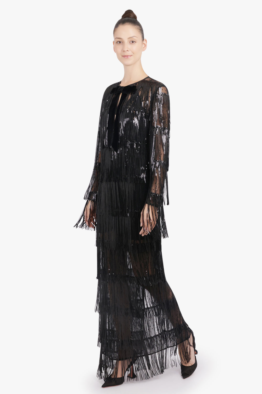 NINA RICCI RTW V Neckline Bow L/S Fringed Sequin Maxi Dress | Black