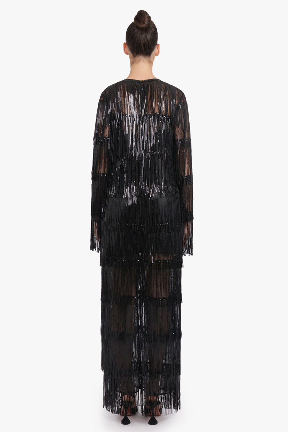 NINA RICCI RTW V Neckline Bow L/S Fringed Sequin Maxi Dress | Black