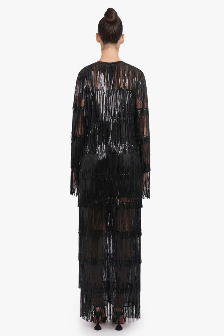 NINA RICCI RTW V Neckline Bow L/S Fringed Sequin Maxi Dress | Black