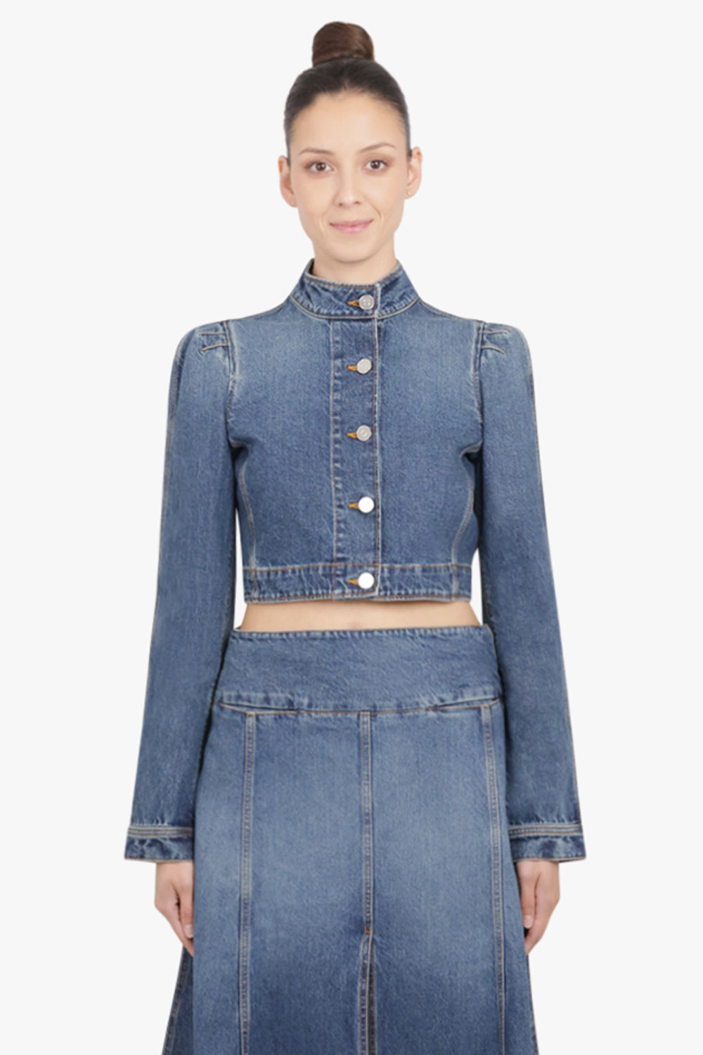 ALAIA RTW Cropped High-Neck Puff L/S Denim Jacket | Blue Flash