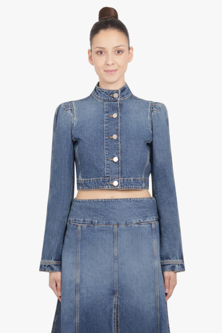 ALAIA RTW Cropped High-Neck Puff L/S Denim Jacket | Blue Flash