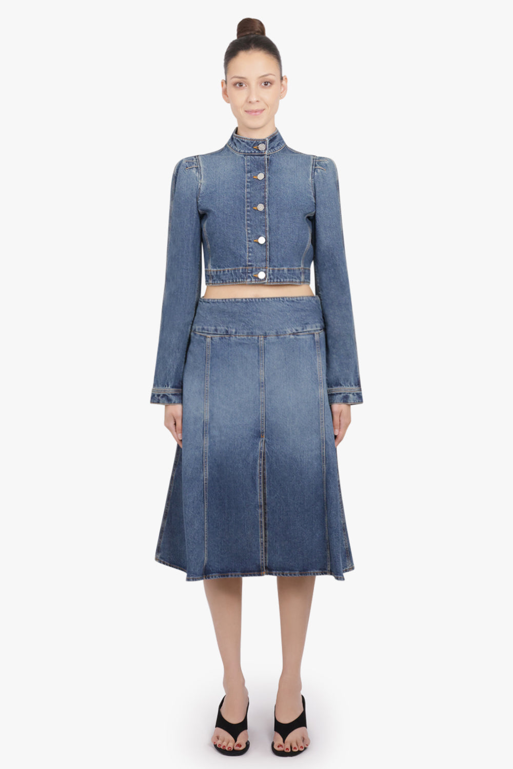 ALAIA RTW Cropped High-Neck Puff L/S Denim Jacket | Blue Flash
