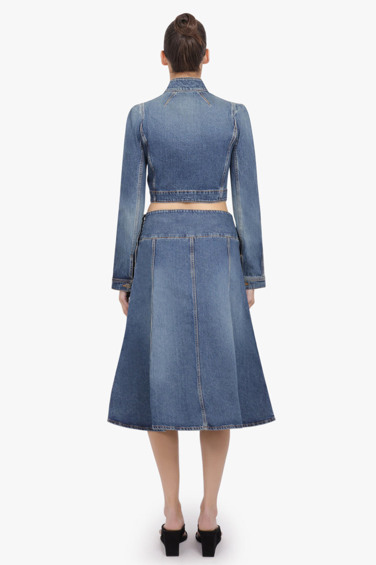 ALAIA RTW Cropped High-Neck Puff L/S Denim Jacket | Blue Flash