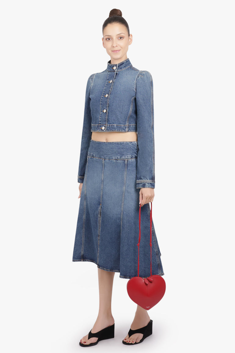 ALAIA RTW Cropped High-Neck Puff L/S Denim Jacket | Blue Flash