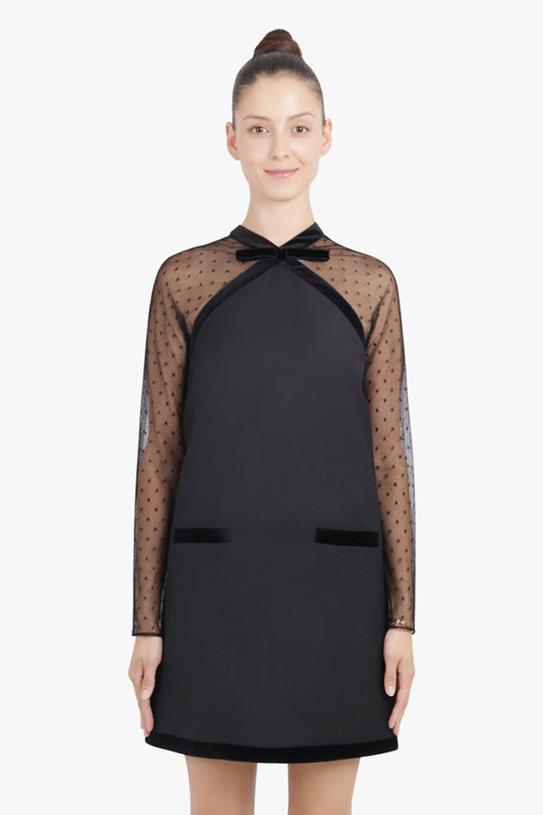 NINA RICCI RTW Dot Sheer L/S Pinafore Mini Dress With Velvet Bow Detail | Black