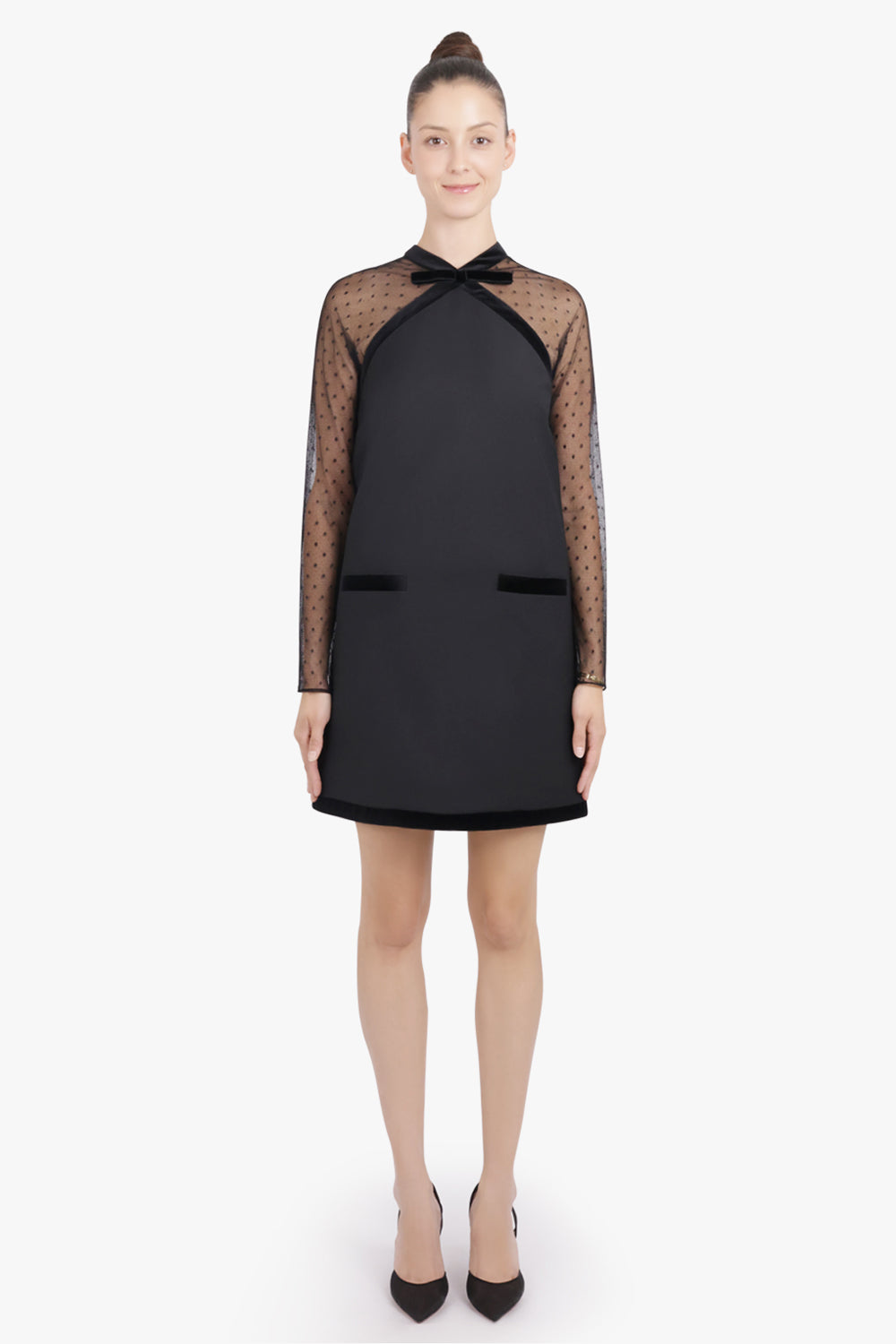 NINA RICCI RTW Dot Sheer L/S Pinafore Mini Dress With Velvet Bow Detail | Black