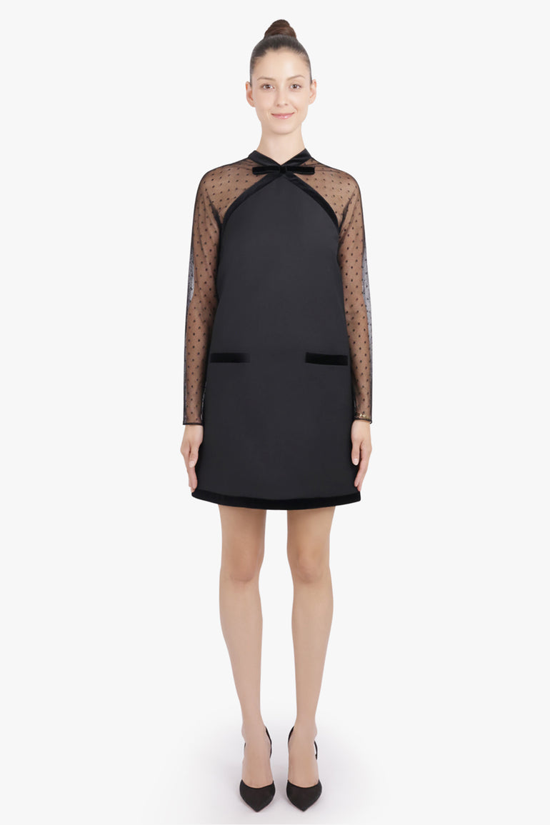 NINA RICCI RTW Dot Sheer L/S Pinafore Mini Dress With Velvet Bow Detail | Black