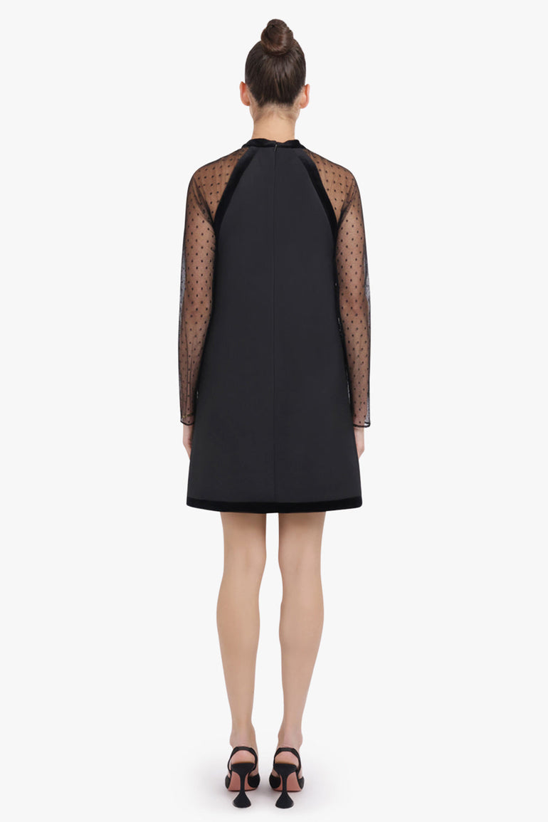 NINA RICCI RTW Dot Sheer L/S Pinafore Mini Dress With Velvet Bow Detail | Black
