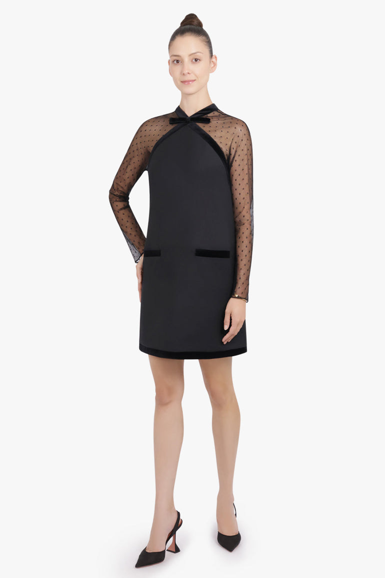 NINA RICCI RTW Dot Sheer L/S Pinafore Mini Dress With Velvet Bow Detail | Black