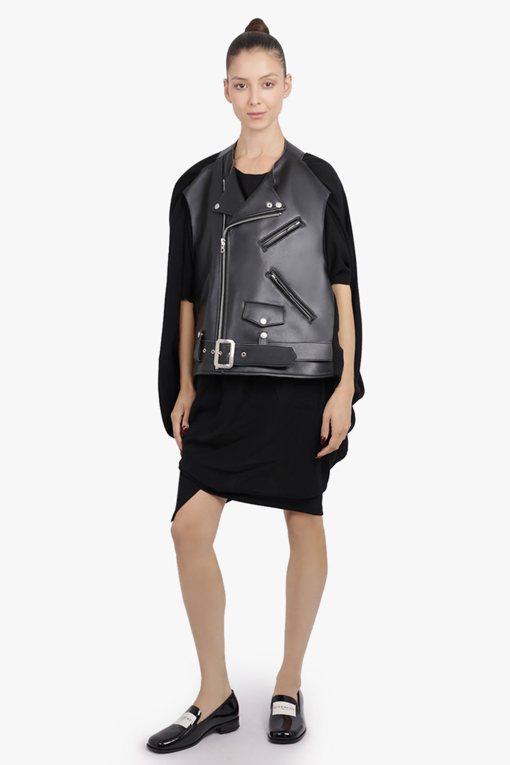 JUNYA WATANABE RTW Leather Biker Jacket with Drape Attachment | Black