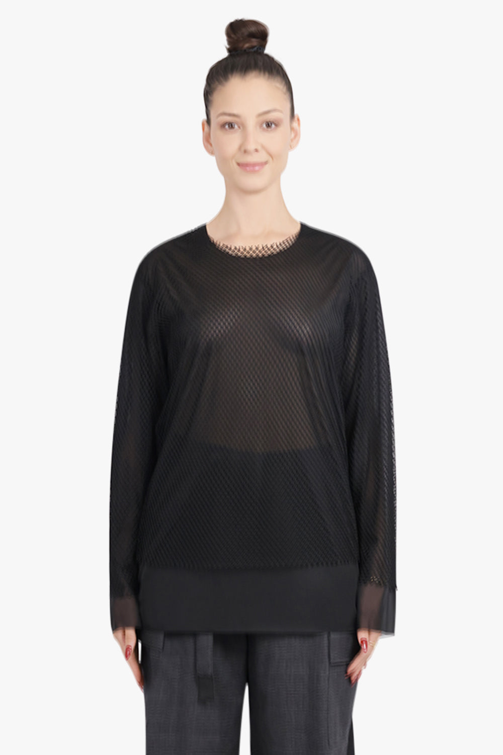 COMME DES GARCONS RTW Layered L/S Sheer X Netted Mesh Top | Black