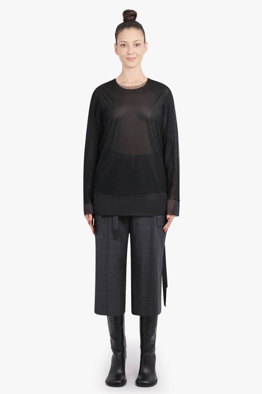 COMME DES GARCONS RTW Layered L/S Sheer X Netted Mesh Top | Black
