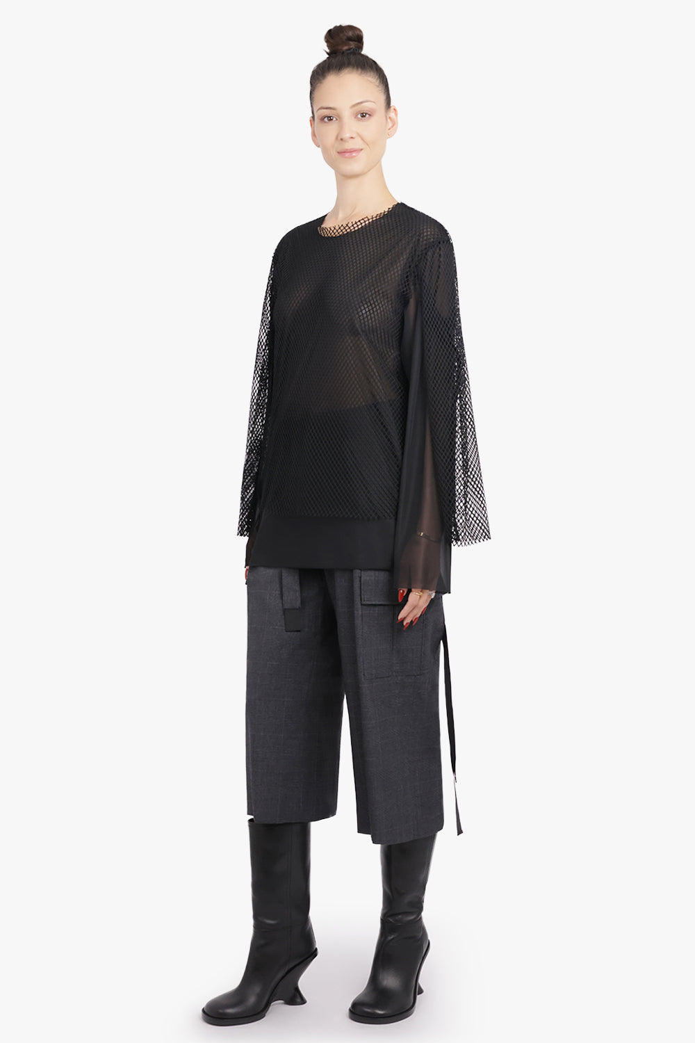 COMME DES GARCONS RTW Layered L/S Sheer X Netted Mesh Top | Black