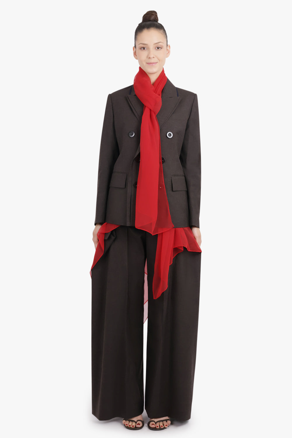 SACAI RTW Double Breasted Jacket With Long Attached Scarf | Brown/Red