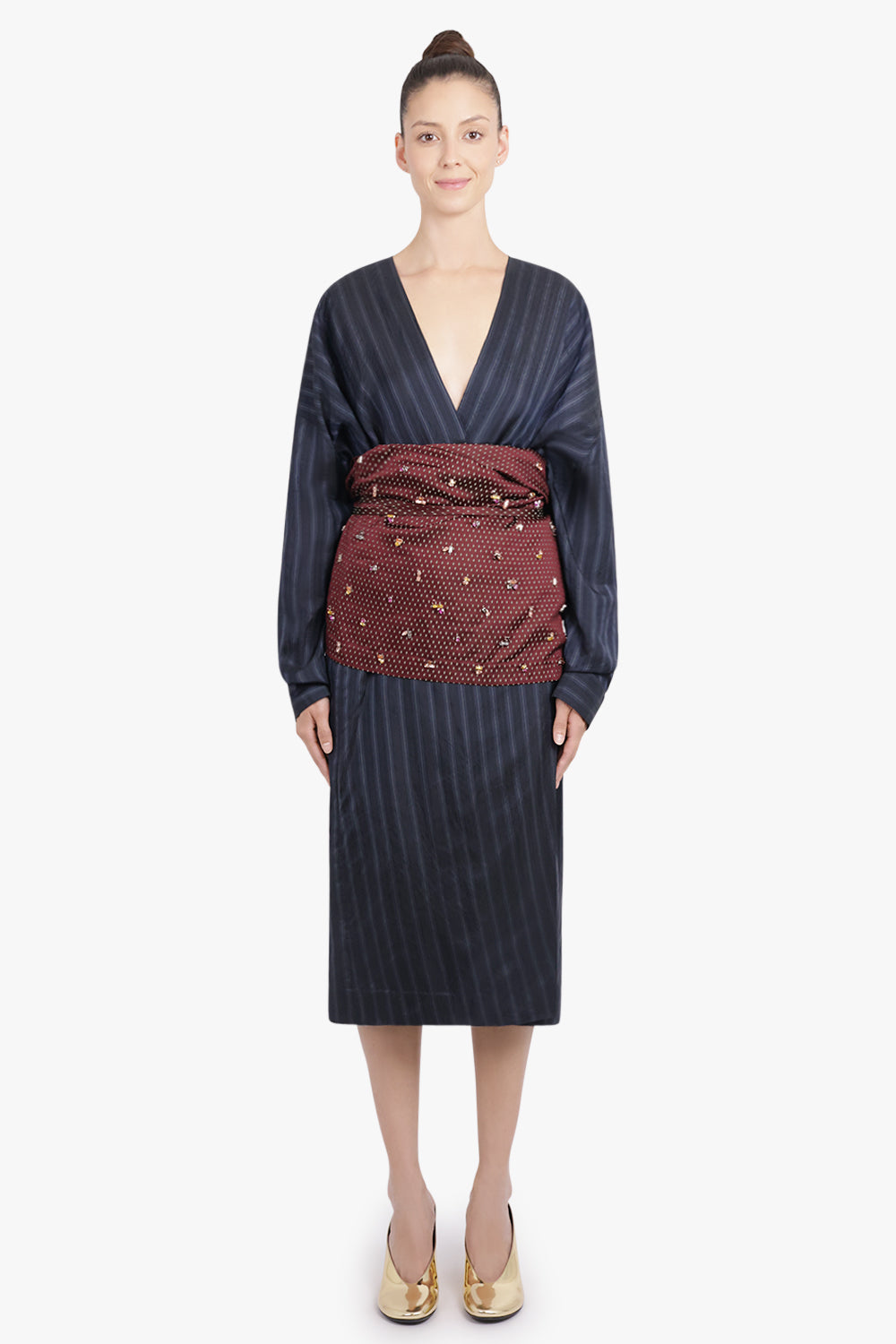 DRIES VAN NOTEN RTW Soly Diamond Print Wrap Midi Skirt With Embellished Layer | Burgundy