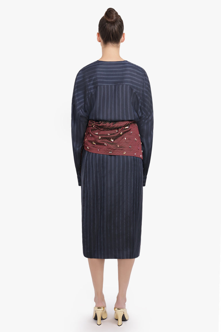 DRIES VAN NOTEN RTW Soly Diamond Print Wrap Midi Skirt With Embellished Layer | Burgundy