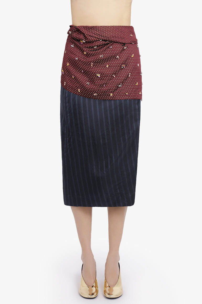 DRIES VAN NOTEN RTW Soly Diamond Print Wrap Midi Skirt With Embellished Layer | Burgundy