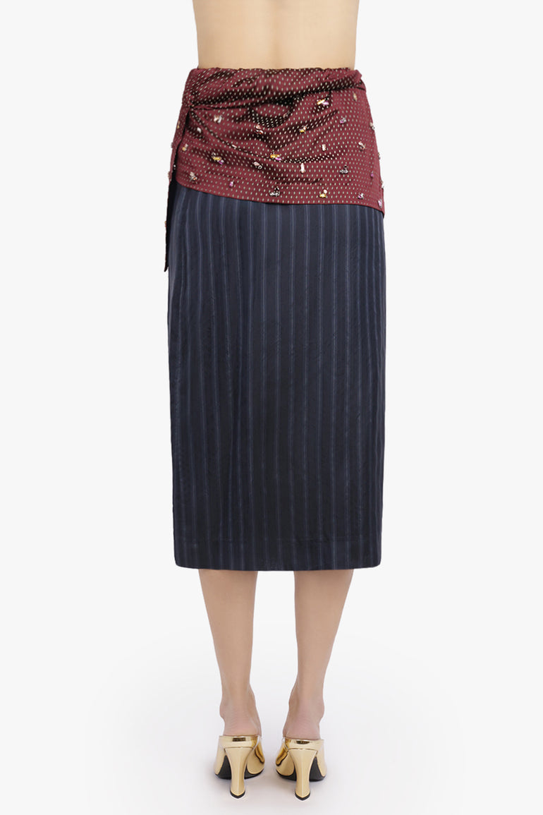 DRIES VAN NOTEN RTW Soly Diamond Print Wrap Midi Skirt With Embellished Layer | Burgundy
