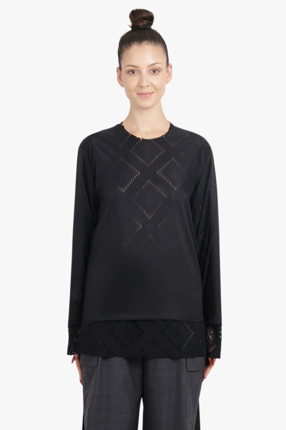 COMME DES GARCONS RTW Layered L/S Sheer X Lace Top | Black