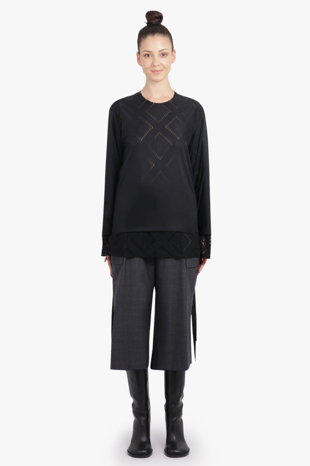 COMME DES GARCONS RTW Layered L/S Sheer X Lace Top | Black