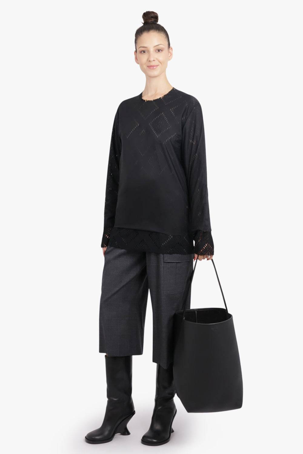 SACAI RTW Glen Check Print Relaxed Tapered Pant With Adjustable Straps | Grey/Black