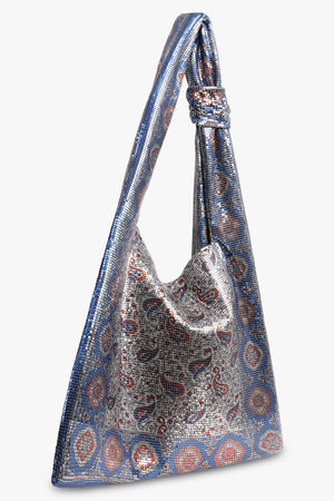 RABANNE BAGS PATTERN / Blue/Cream Scarf Mesh Paisley Print Hobo Shoulder Bag | Blue/Cream